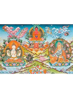 Buddha,Avalokiteshvara and Padmasambhava (A Super Fine Thnagka) -Tibetan Buddhist