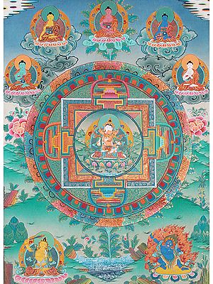 Vajrasattva in Yab Yum with Five Cosmic Buddhas, Manjushri and Vajrapani