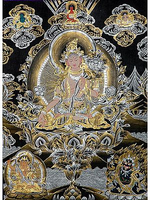 White Tara Black Tibetan Buddhist Thangka Painting | Meditational Art | Spiritual Wall Decor