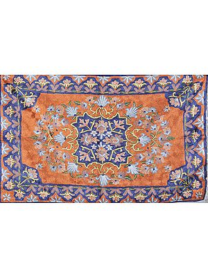 Orange Asana Mat from Kashmir with Embroidered Flowers and Leaves
