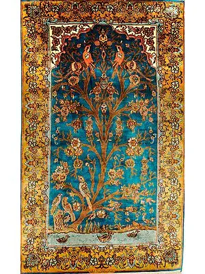 Cyan-Blue Carpet from Kashmir with Knotted Tree of Life