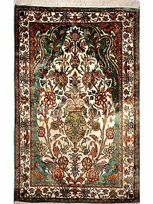 Teal-Green Carpet from Kashmir with Knotted Flowers All-Over