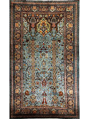 Turquoise Carpet from Kashmir with Knotted Flowers and Paisleys
