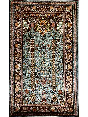 Turquoise Carpet from Kashmir with Knotted Flowers and Paisleys