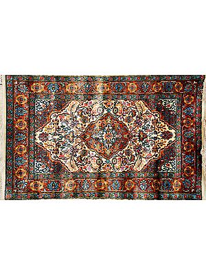 Ivory Carpet from Kashmir with Knotted Flowers and Leaves