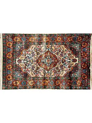 Ivory Carpet from Kashmir with Knotted Flowers and Leaves