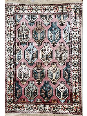 Silver-Pink Carpet from Kashmir with Knotted Paisleys and Flowers