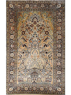 Beige Carpet from Kashmir with Knotted Flower Vase and Birds