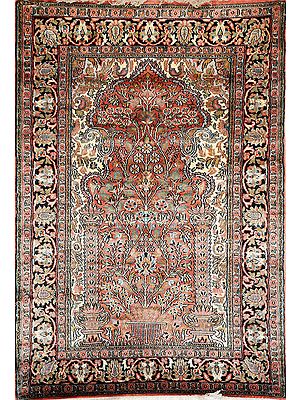 Custard and Pink Carpet from Kashmir with Knotted Flowers All-Over