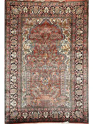 Custard and Pink Carpet from Kashmir with Knotted Flowers All-Over