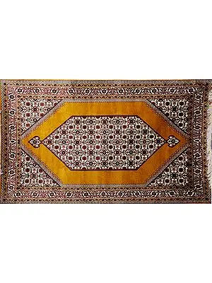 Golden-Yellow Carpet from Kashmir with Knotted Flowers All-Over