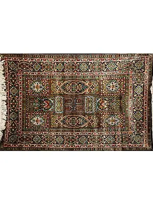 Black Carpet from Kashmir with Knotted Flowers All-Over
