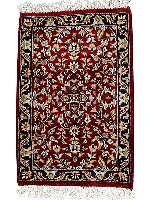 Maroon Hand-Knotted Mat from Agra with Mughal Design