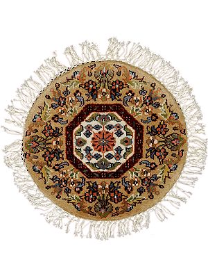 Beige Circular Hand-Knotted Table Mat with Akbari Design