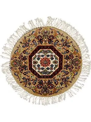 Beige Circular Hand-Knotted Table Mat with Akbari Design