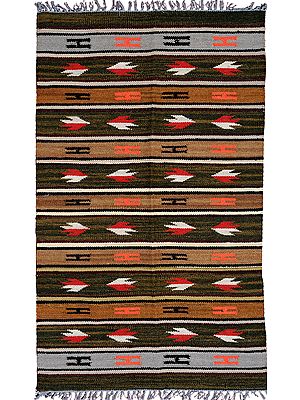 Olive and Brown Dhurrie from Bhadohi with Woven Arrows