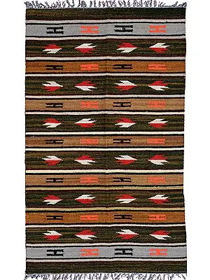 Olive and Brown Dhurrie from Bhadohi with Woven Arrows