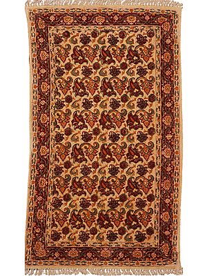 Cornhusk and Maroon Floral Printed Kalamkari Dhurrie from Andhra Pradesh