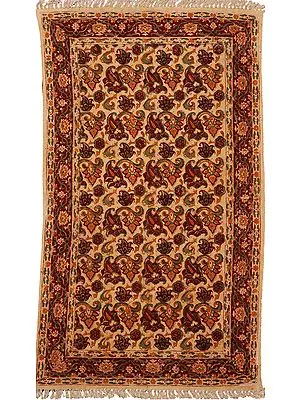 Cornhusk and Maroon Floral Printed Kalamkari Dhurrie from Andhra Pradesh