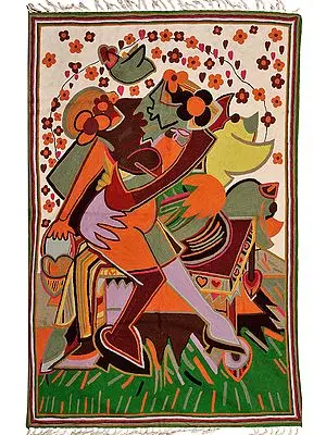 Multicolor Asana Mat from Kashmir with Embroidered Couple in Embrace
