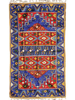 Blue and Red Prayer Asana from Kashmir with Embroidered Persian Design