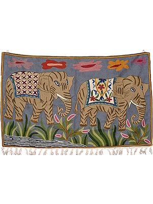 Frost-Gray Asana Mat cum Wall Hanging from Kashmir with Embroidered Elephants