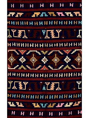Patriot-Blue Asana Mat from Kashmir with Embroidered Aztec Motifs
