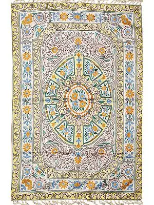 Blue and White Embroidered Asana Mat from Kashmir with Persian Design Resham on Canvas 