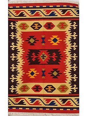 Black and Red Handloom Dhurrie from Sitapur with Woven Motifs