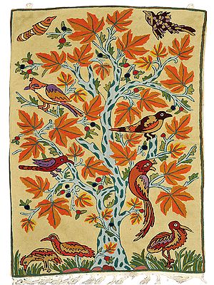Dusty-White Embroidered Asana cum Wall Hanging with Tree of Life