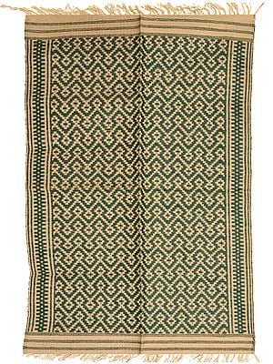 Green and Beige Dhurrie from Telangana with All-Over Weave