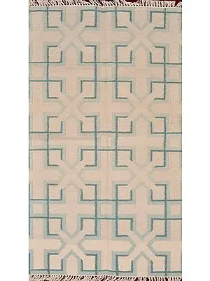 Off-White and Green Dhurrie from Sitapur with Woven Checks