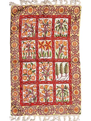 Cream and Red Floral-Embroidered Asana Mat from Kashmir