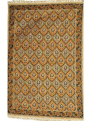 Green and Nugget Kalamkari Dhurrie from Telangana with Printed Leaves