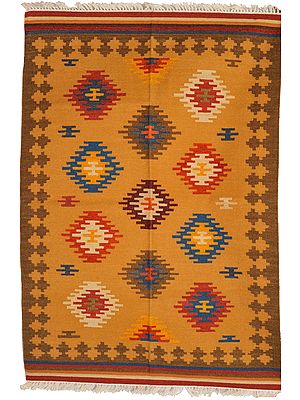 Apricot-Tan Handloom Dhurrie from Sitapur with Woven Ikat Motifs