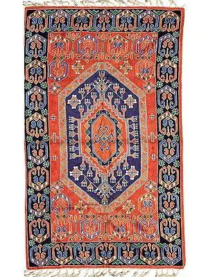 Blue and White Embroidered Asana Mat from Kashmir with Persian Design Resham on Canvas 