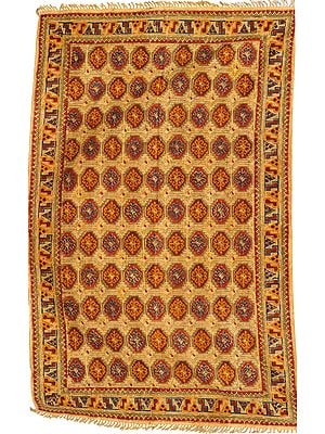 Straw and Red Kalamkari Dhurrie from Telangana with Printed Floral Motifs