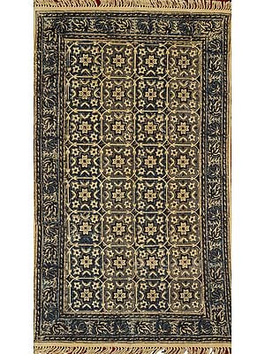 Blue and Gray Kalamkari Dhurrie from Telangana with Floral Print