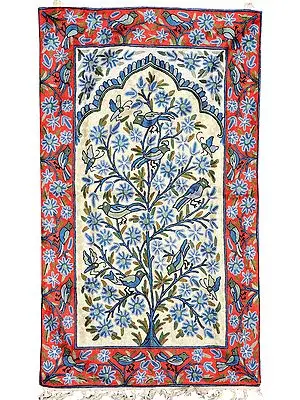 Red and Ivory Tree of Life Prayer Asana cum Wall Hanging with Embroidered Birds