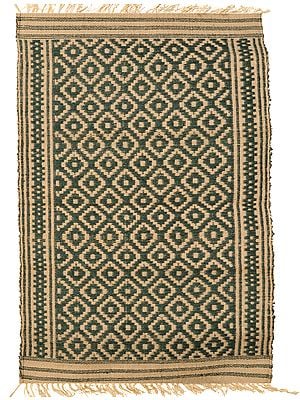 Green and Beige Dhurrie from Telangana with Woven Bootis