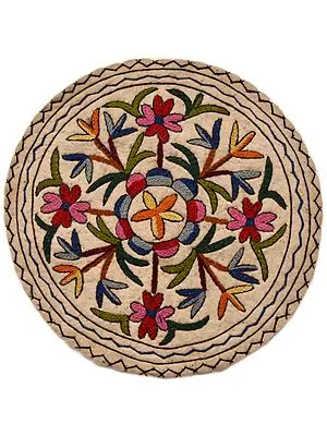 Off-White Circular Mat with Embroidered Flowers by Hand