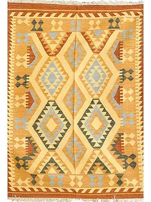 Beige Handloom Dhurrie from Sitapur with Kilim Motifs