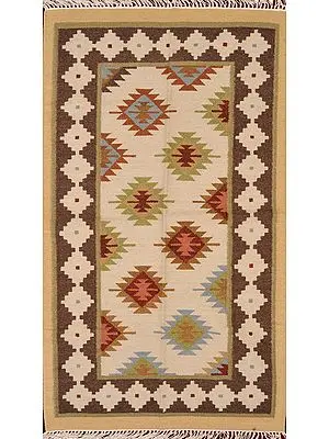 Off-White Handloom Dhurrie from Sitapur with Kilim Weave