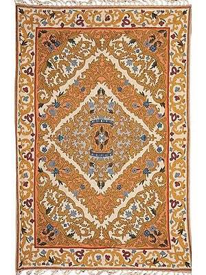 Cream Embroidered Asana Mat from Kashmir with Mughal Design