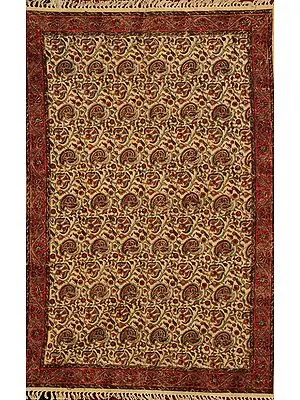Beige and Maroon Kalamkari Dhurrie from Telangana with Printed Paisleys