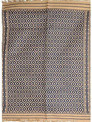 Blue and Beige Dhurrie from Karnataka with Woven Bootis