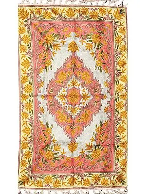 Cream and Pink Kashmiri Asana Mat with Embroidered Floral Motifs