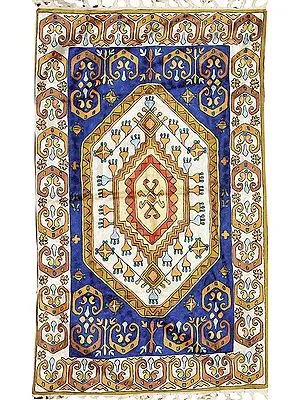Blue and White Embroidered Asana Mat from Kashmir with Persian Design