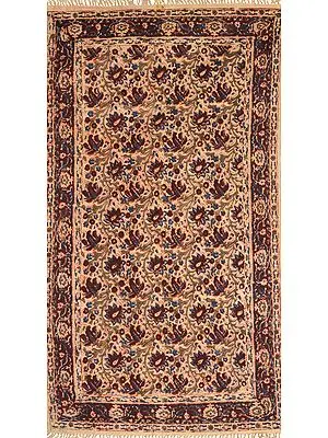 Almond-Buff Kalamkari Dhurrie from Telangana with Printed Florals