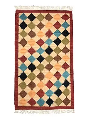Off-White Handloom Dhurrie from Sitapur with Woven Motifs in Multicolor Thread
